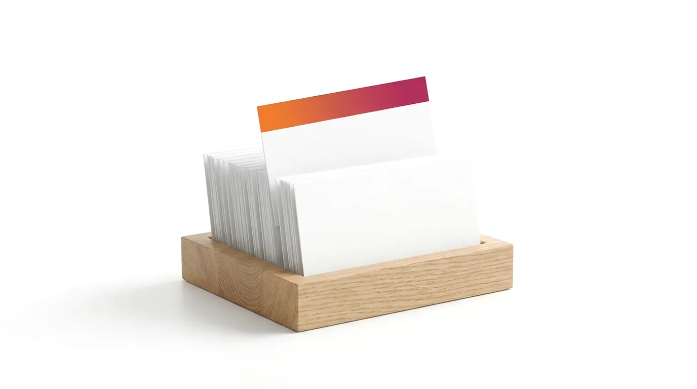 A row of identical blank index cards in a wooden holder, with one card raised above the others