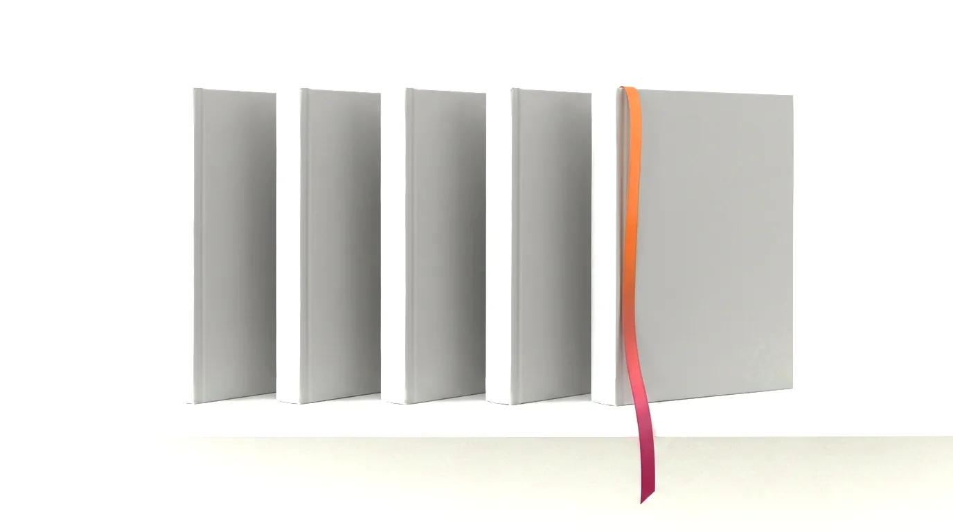 A row of identical grey books on a shelf, like editions of the same reference book - only the newest has a bookmark ribbon
